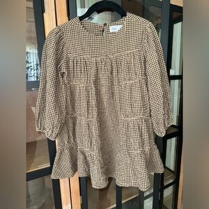 Zara Kids dress girls gingham long sleeve print beige caramel tiered ruffle